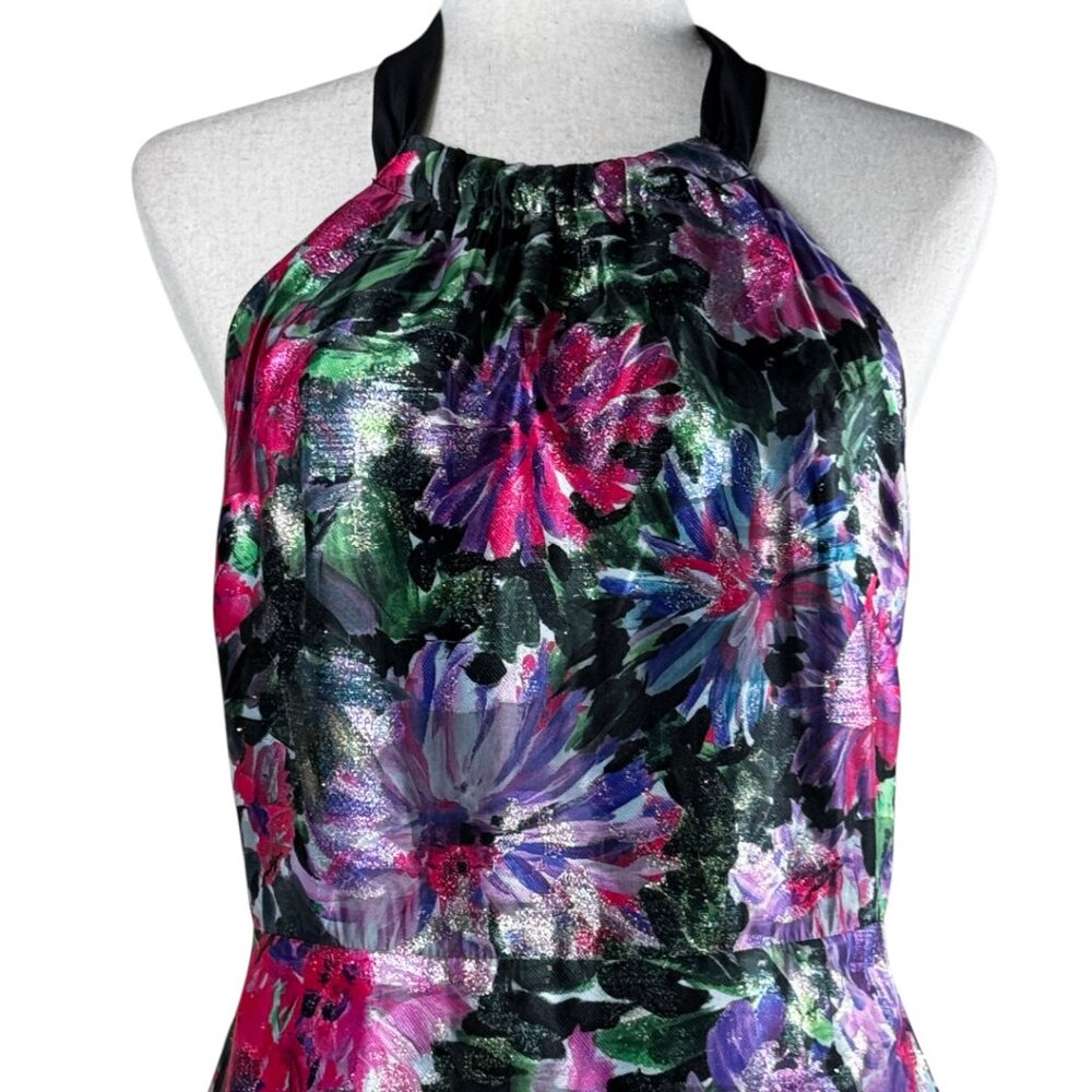 Milly New York Hayden Floral Metallic Halter Dress Open Back Tiered Size 8 - Picture 7 of 16